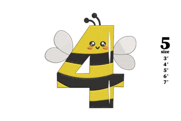 Bee in the Shape of the Number 4 Embroidery Design