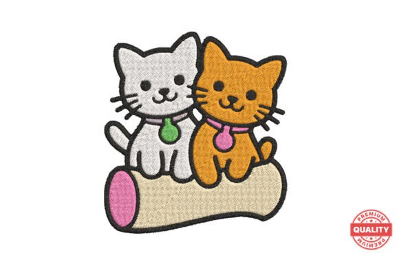 Cute Cat Couple on Log Embroidery Design