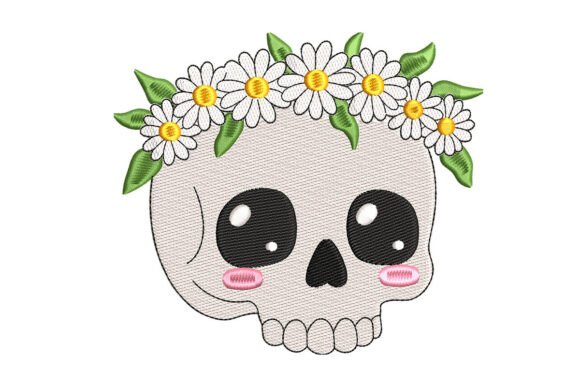 Cute Halloween Skull with Flowers: Blending Spooky and Sweet in Embroidery