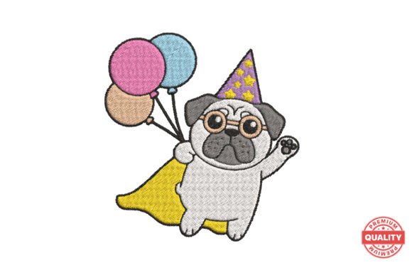 Flying Pug Wizard with Balloons: A Whimsical Machine Embroidery Design for Creative Projects