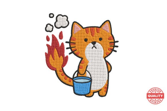 Funny Fire Cat with Bucket: Elevating Machine Embroidery with Whimsy and Texture