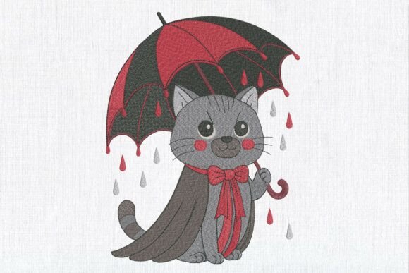 Whimsical Halloween Embroidery: Bringing the Funny Cat with Umbrella Design to Life