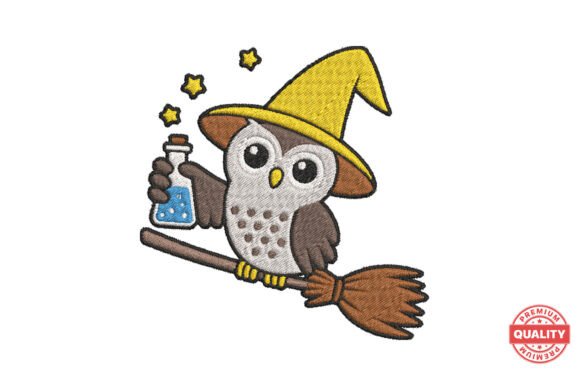 Wizard Owl Flying on Broom Embroidery Design